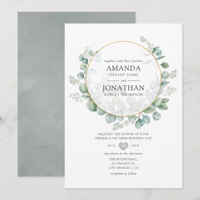 Invitación Boda geométrico de eucalipto de sabio plateado (Anverso / Reverso)