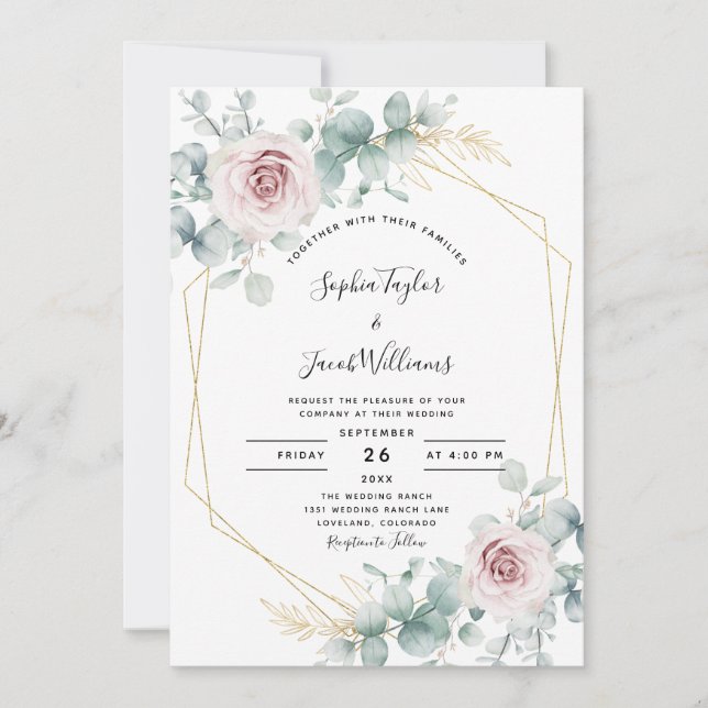 Invitación Boda geométrico de eucaliptos florales rosados de  (Anverso)