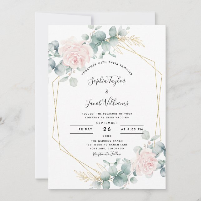 Invitación Boda geométrico de eucaliptos florales rosados de  (Anverso)