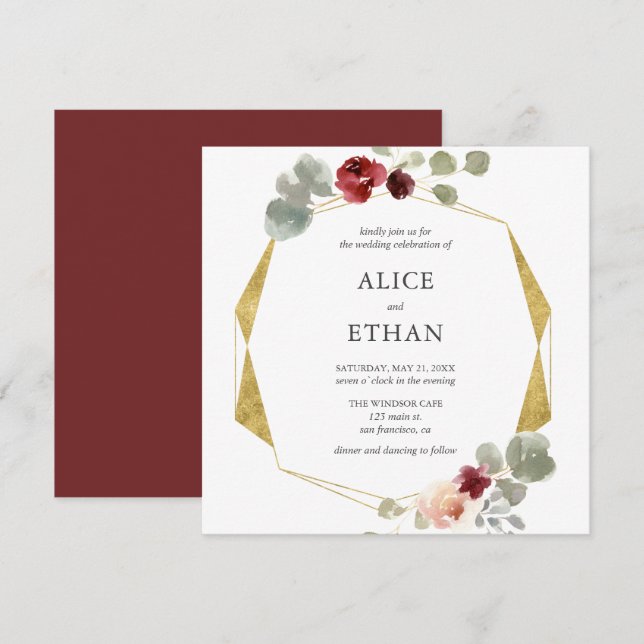 Invitación Boda Geométrico De Flor Y Vegetación De Borgoña (Anverso / Reverso)