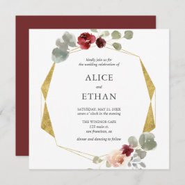 Invitación Boda Geométrico De Flor Y Vegetación De Borgoña