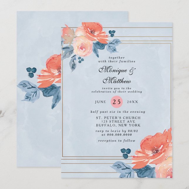 Invitación Boda geométrico de floral azul turbio y coral (Anverso / Reverso)