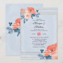 Invitación Boda geométrico de floral azul turbio y coral