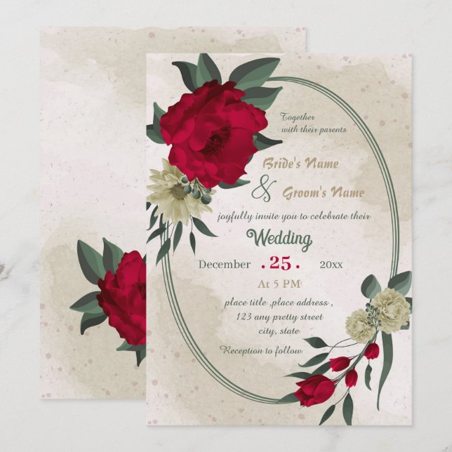 Invitación boda geométrico de flores amarillas pálidas rojas (Anverso / Reverso)