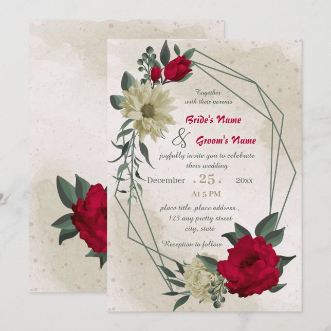 Invitación boda geométrico de flores amarillas pálidas rojas (Anverso / Reverso)