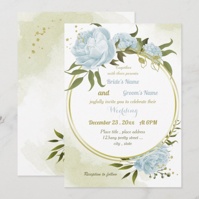 Invitación boda geométrico de flores azul bonito (Anverso / Reverso)