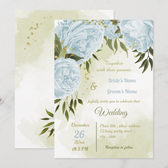 Invitación boda geométrico de flores azul bonito (Anverso / Reverso)