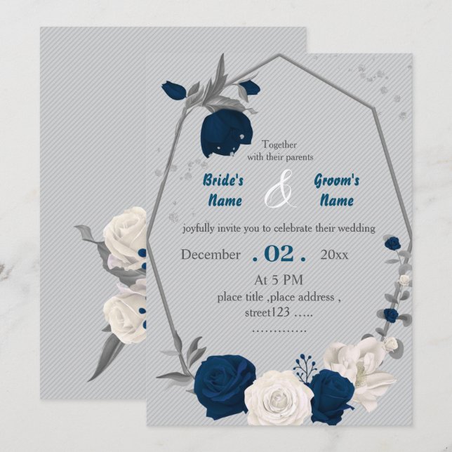Invitación boda geométrico de flores azul marino y blanco (Anverso / Reverso)
