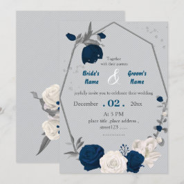 Invitación boda geométrico de flores azul marino y blanco
