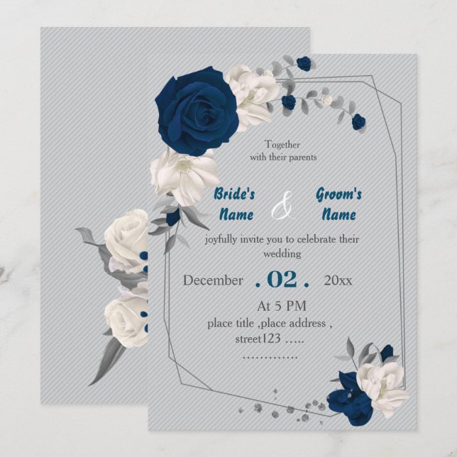 Invitación boda geométrico de flores azul marino y blanco (Anverso / Reverso)