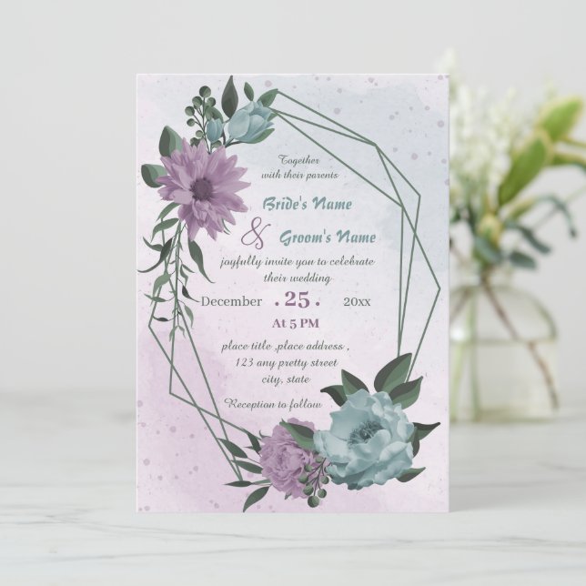 Invitación boda geométrico de flores azul púrpura (Anverso de pie)