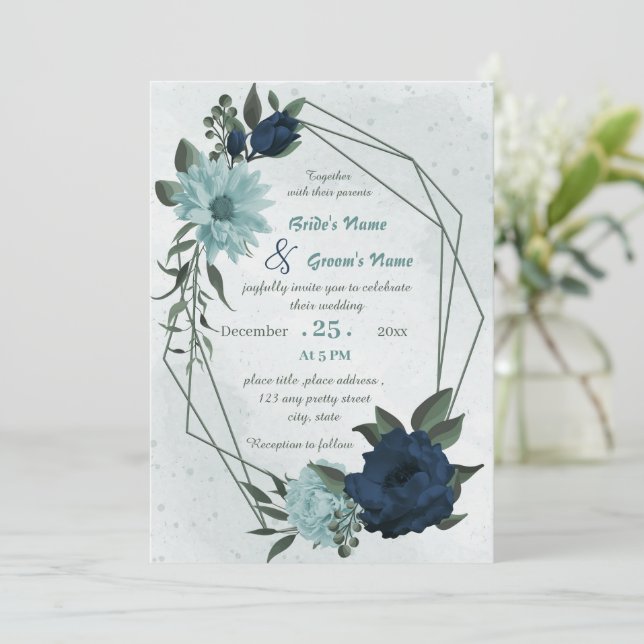 Invitación Boda geométrico de flores azul y marina turbias (Anverso de pie)