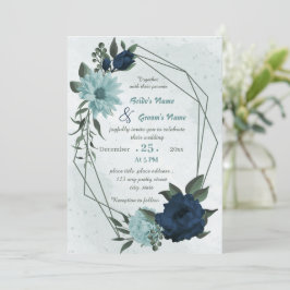Invitación Boda geométrico de flores azul y marina turbias