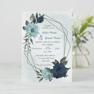 Invitación Boda geométrico de flores azul y marina turbias