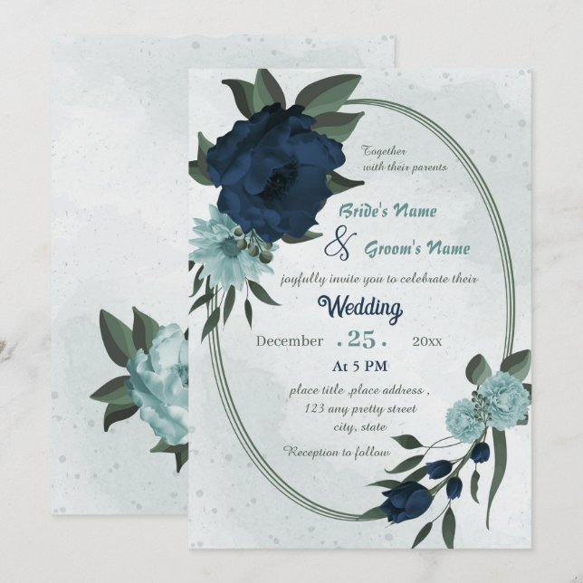 Invitación Boda geométrico de flores azul y marina turbias (Anverso / Reverso)