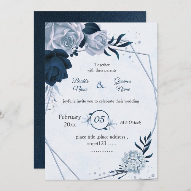 Invitación boda geométrico de flores azules polvorientas y ma (Anverso / Reverso)