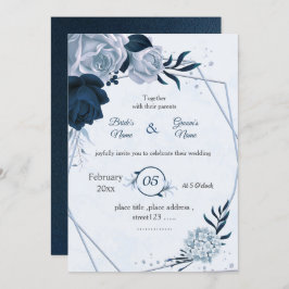 Invitación boda geométrico de flores azules polvorientas y ma