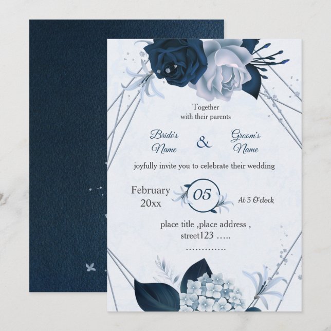 Invitación boda geométrico de flores azules polvorientas y ma (Anverso / Reverso)