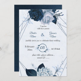 Invitación boda geométrico de flores azules polvorientas y ma