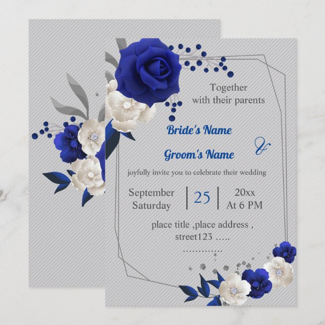 Invitación boda geométrico de flores blancas azules reales (Anverso / Reverso)
