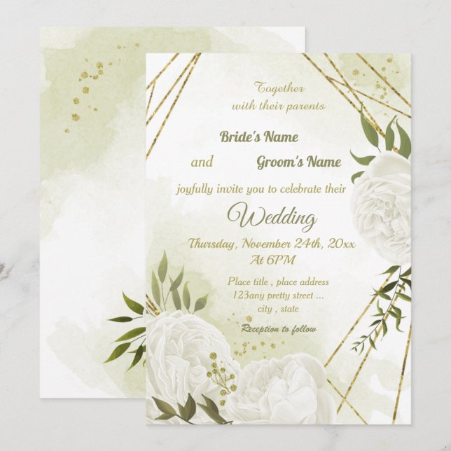 Invitación boda geométrico de flores blancas bonito (Anverso / Reverso)