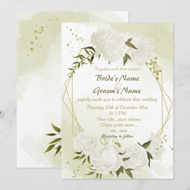 Invitación boda geométrico de flores blancas bonito (Anverso / Reverso)