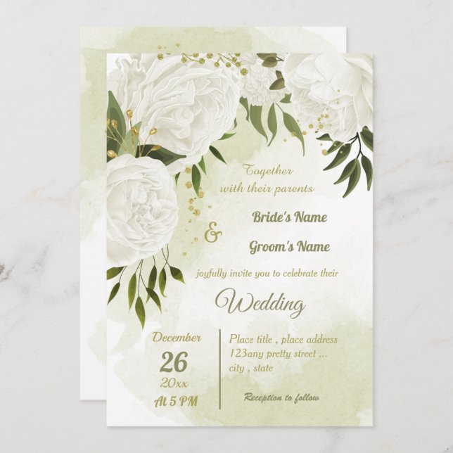 Invitación boda geométrico de flores blancas bonito (Anverso / Reverso)