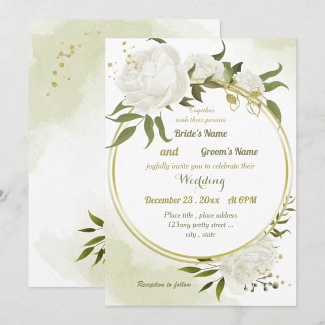 Invitación boda geométrico de flores blancas bonito (Anverso / Reverso)