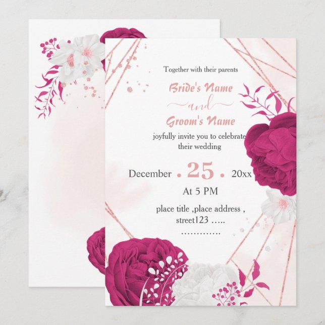 Invitación boda geométrico de flores blancas de fucsia (Anverso / Reverso)