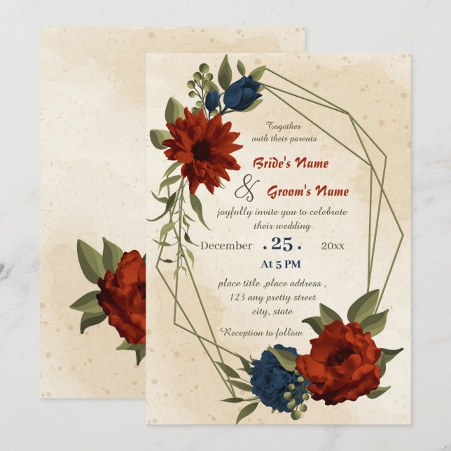 Invitación boda geométrico de flores de la marina naranja que (Anverso / Reverso)