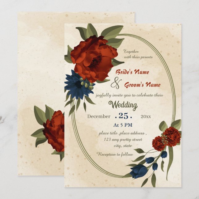 Invitación boda geométrico de flores de la marina naranja que (Anverso / Reverso)