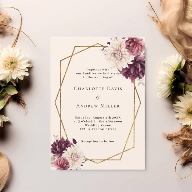 Invitación Boda geométrico de flores de marfil de color burde (Subido por el creador)