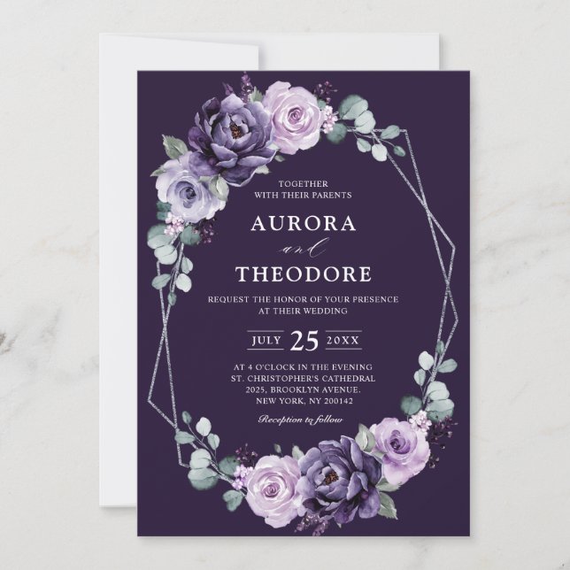 Invitación Boda geométrico de flores moradas plateadas (Anverso)