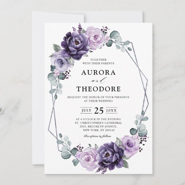 Invitación Boda geométrico de flores moradas plateadas (Anverso)