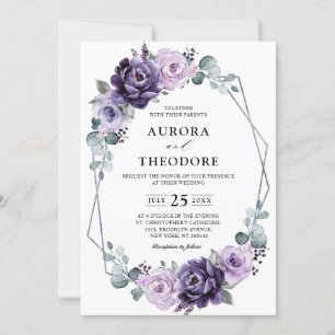 Invitación Boda geométrico de flores moradas plateadas
