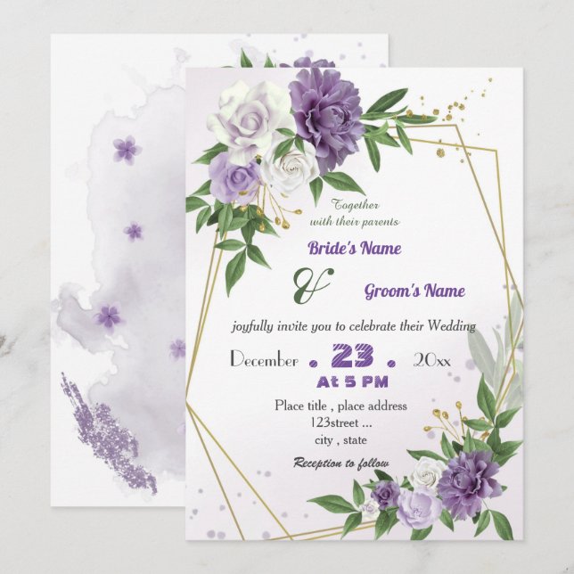 Invitación boda geométrico de flores moradas románticas (Anverso / Reverso)