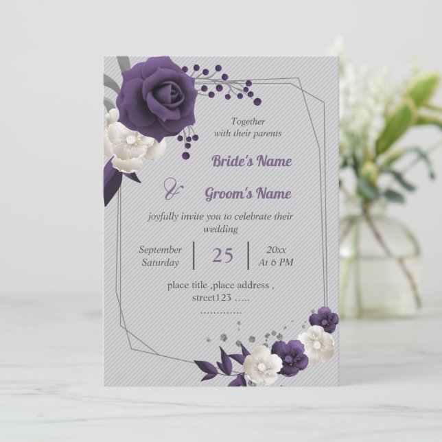 Invitación boda geométrico de flores moradas y blancas polvor (Anverso de pie)