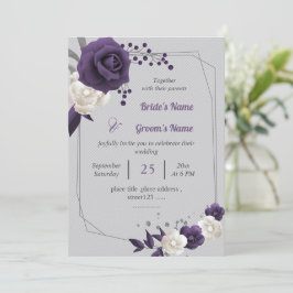 Invitación boda geométrico de flores moradas y blancas polvor