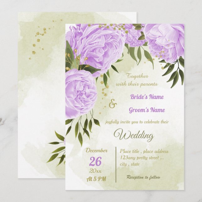 Invitación boda geométrico de flores púrpura de bonito (Anverso / Reverso)