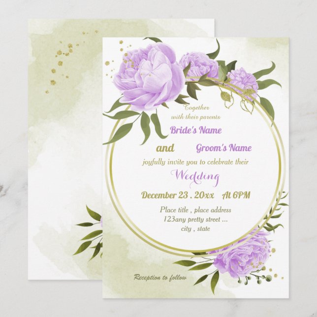 Invitación boda geométrico de flores púrpura de bonito (Anverso / Reverso)