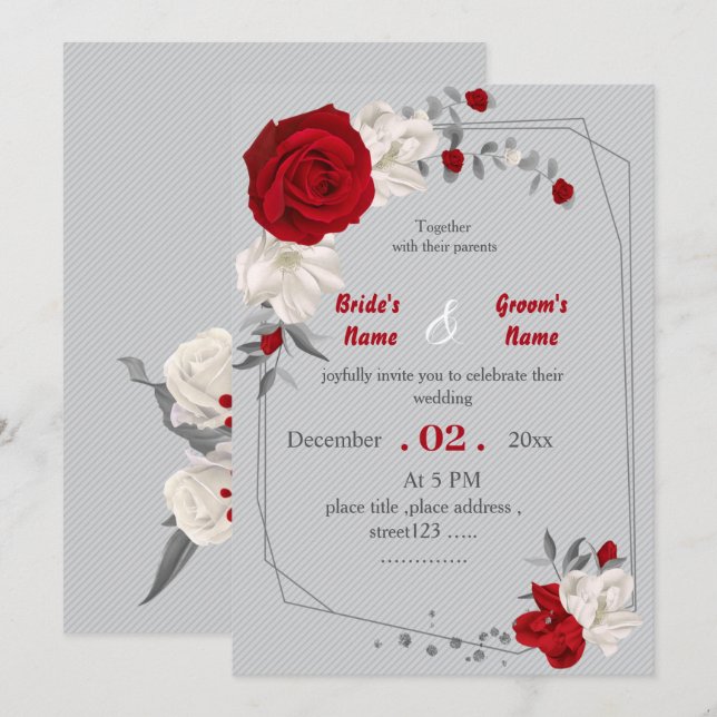 Invitación boda geométrico de flores rojas y blancas (Anverso / Reverso)