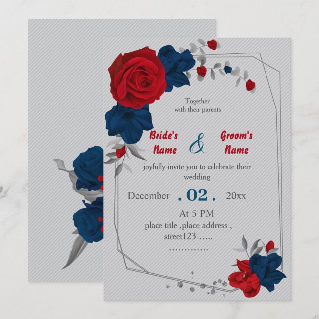 Invitación boda geométrico de flores rojas y marinas (Anverso / Reverso)