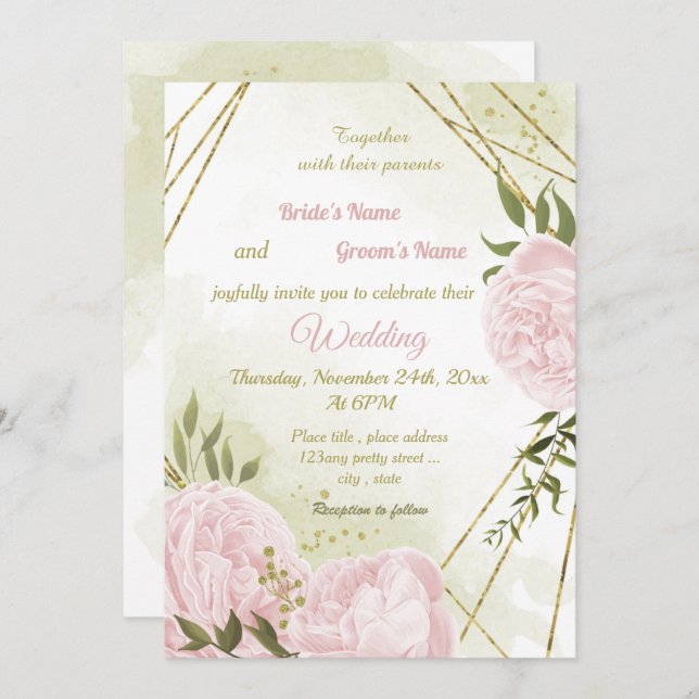 Invitación boda geométrico de flores rosa bonito (Anverso / Reverso)