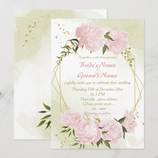 Invitación boda geométrico de flores rosa bonito (Anverso / Reverso)