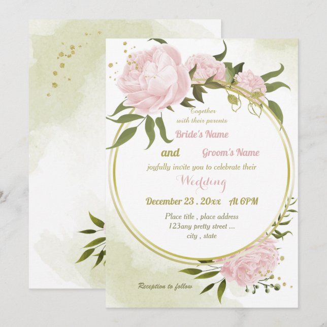 Invitación boda geométrico de flores rosa bonito (Anverso / Reverso)