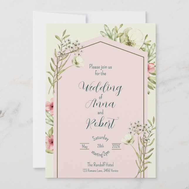 Invitación Boda Geométrico De Flores Silvestres Blancas Y Ver (Anverso)