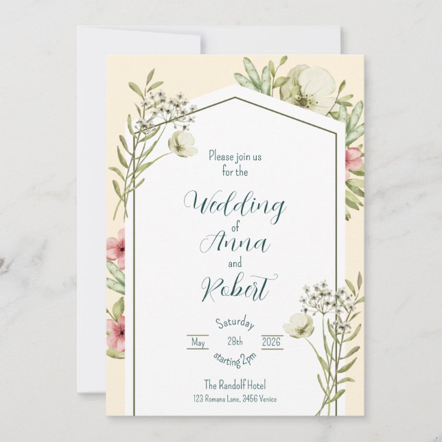 Invitación Boda Geométrico De Flores Silvestres Verdes Y Blan (Anverso)