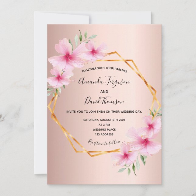 Invitación boda geométrico de floros rosados de oro Rosa (Anverso)