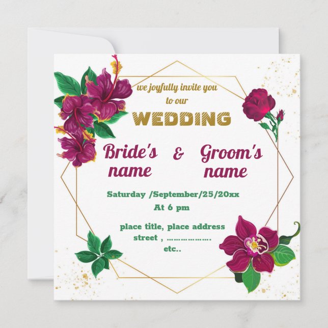 Invitación boda geométrico de hibiscos, flores rosas (Anverso)