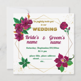 Invitación boda geométrico de hibiscos, flores rosas